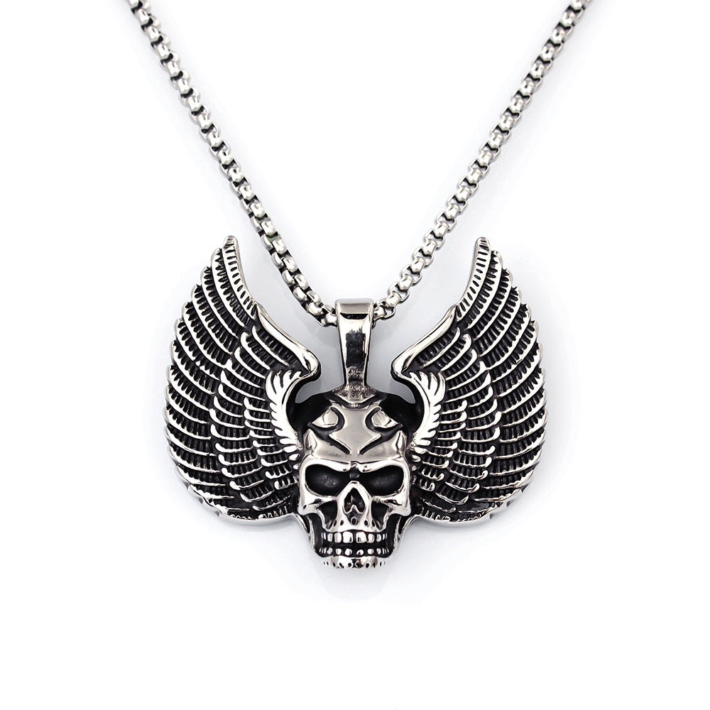 Stainless Steel Skull with Demon Wings Necklace