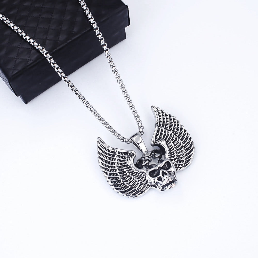 Stainless Steel Skull with Demon Wings Necklace