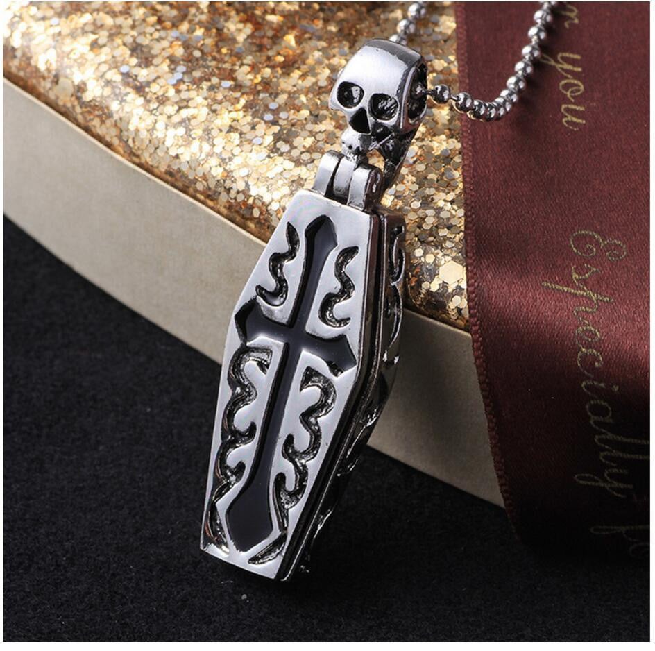 Stainless Steel Coffin with Skull and Cross Necklace