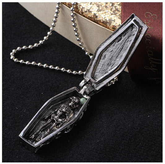 Stainless Steel Coffin with Skull and Cross Necklace