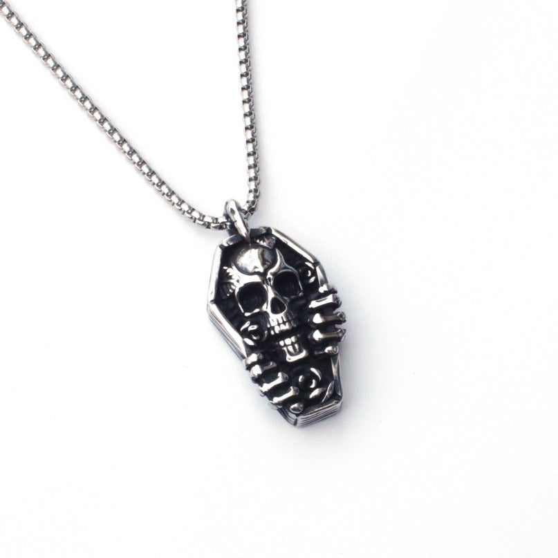 Stainless Steel Skull in Coffin Necklace