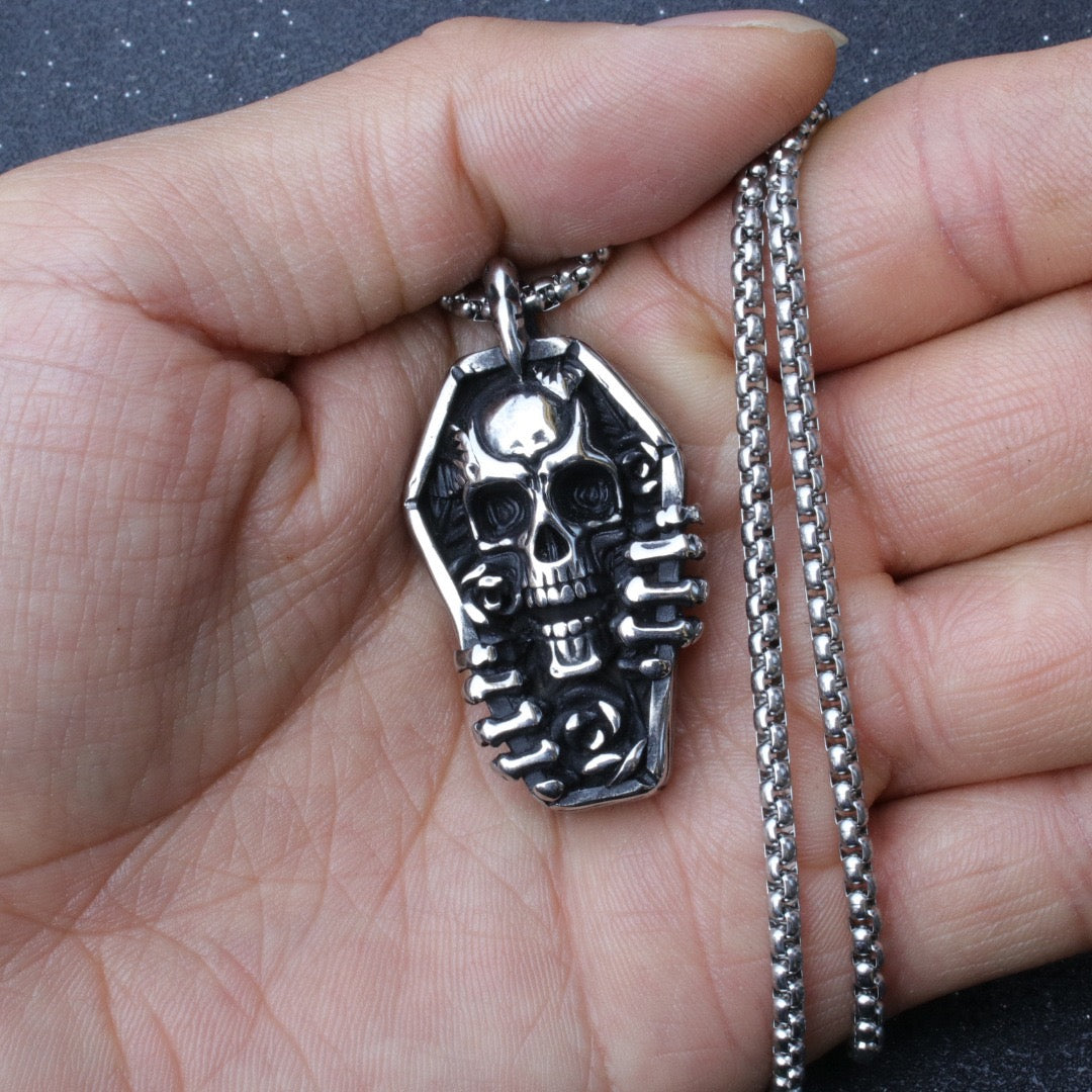 Stainless Steel Skull in Coffin Necklace