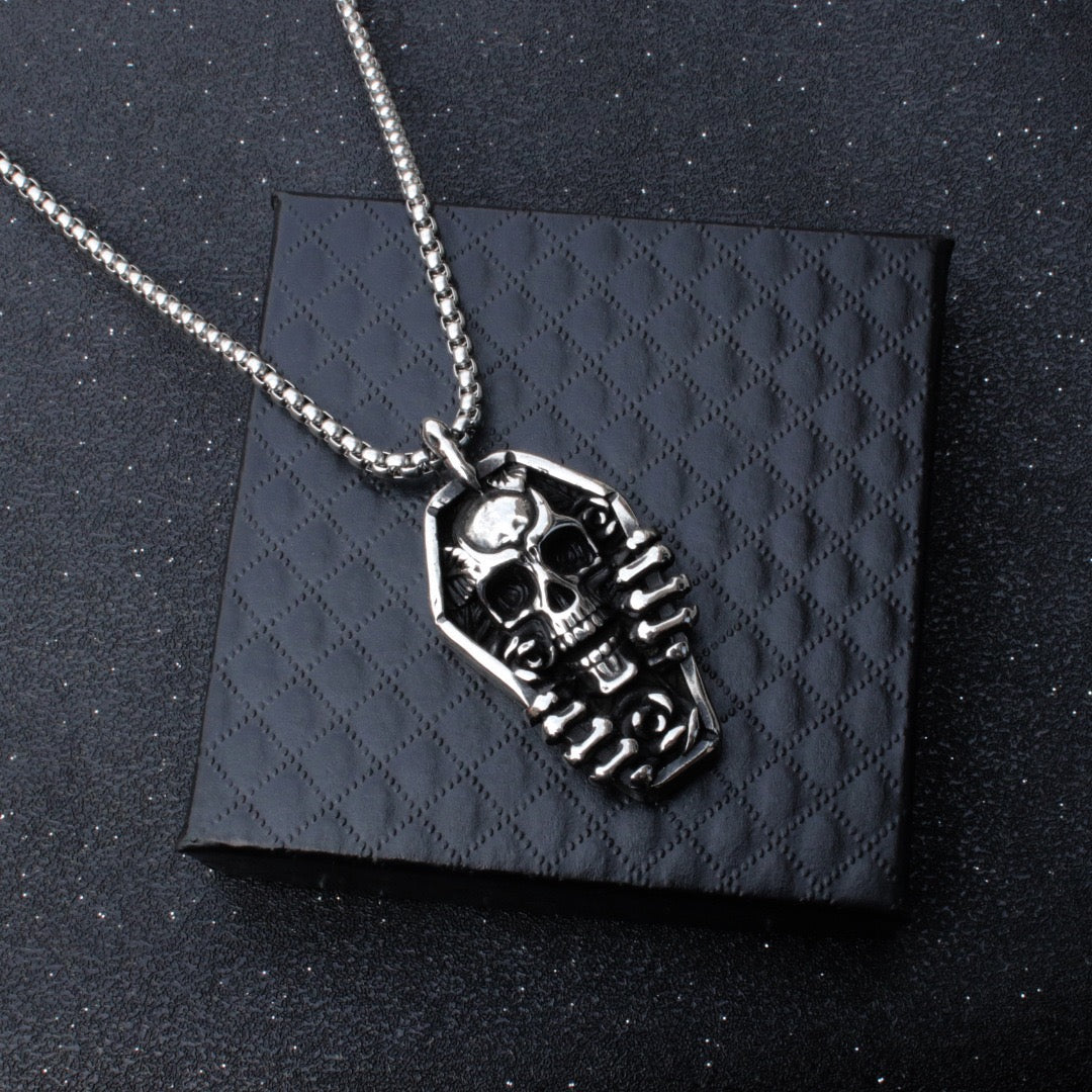 Stainless Steel Skull in Coffin Necklace
