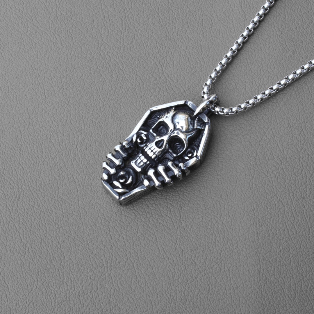 Stainless Steel Skull in Coffin Necklace