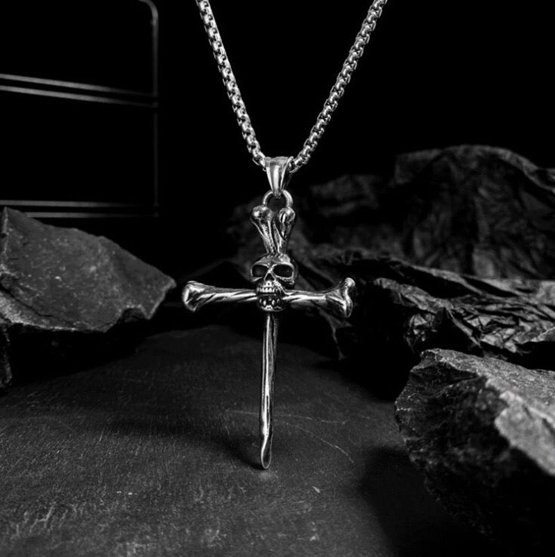 Stainless Steel Skull Nail Cross Necklace