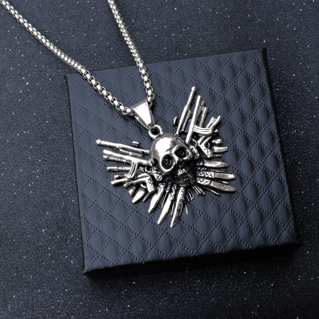 Stainless Steel Skull with Gun Necklace