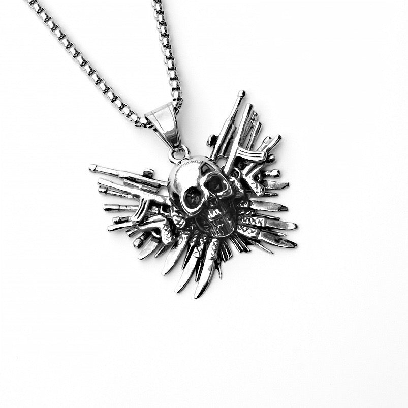 Stainless Steel Skull with Gun Necklace