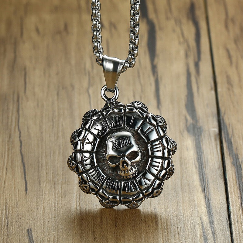 Stainless Steel Roman Numeral Disc Skull Necklace