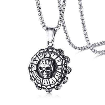 Stainless Steel Roman Numeral Disc Skull Necklace