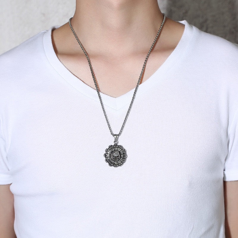 Stainless Steel Roman Numeral Disc Skull Necklace