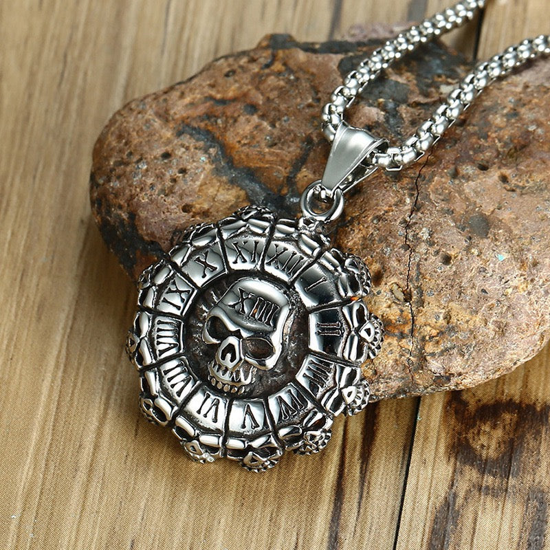 Stainless Steel Roman Numeral Disc Skull Necklace