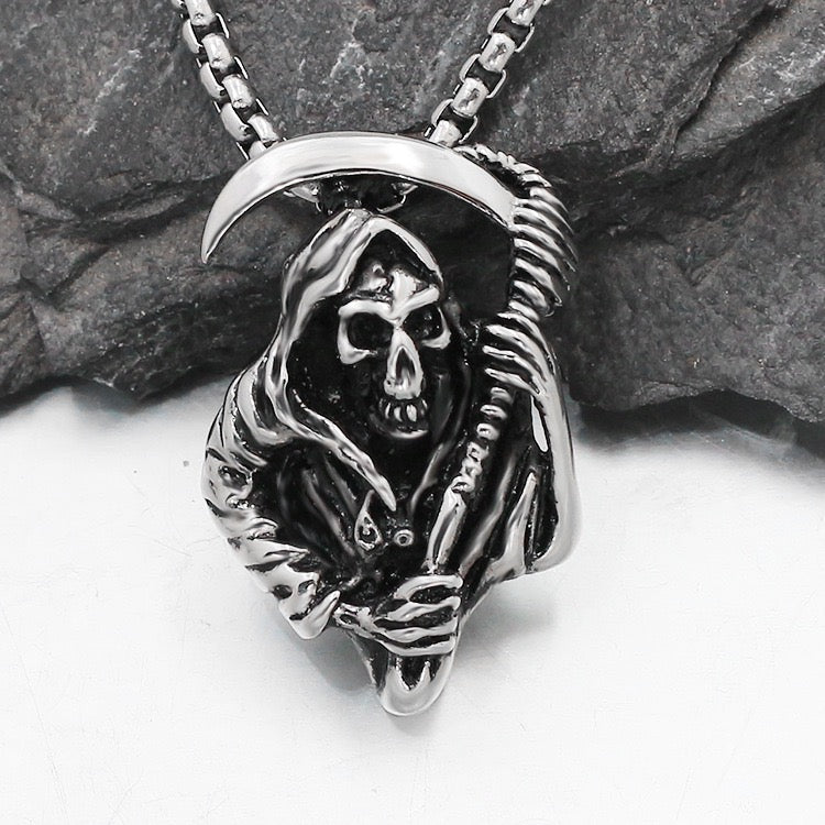 Stainless Steel Skull Necklace Grim Reaper's Scythe