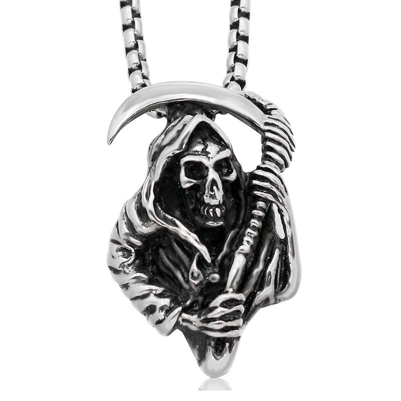 Stainless Steel Skull Necklace Grim Reaper's Scythe