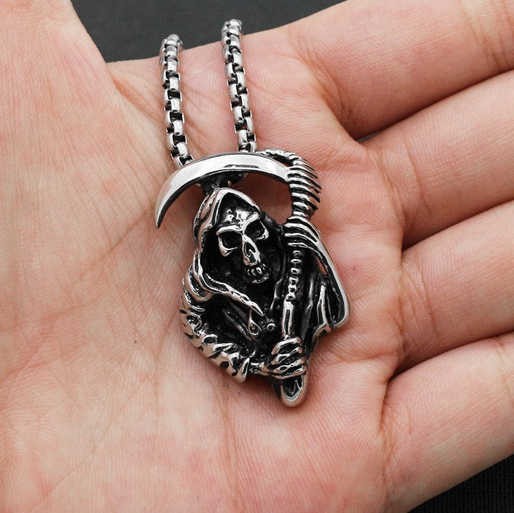 Stainless Steel Skull Necklace Grim Reaper's Scythe