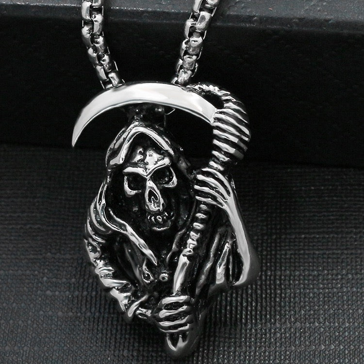 Stainless Steel Skull Necklace Grim Reaper's Scythe