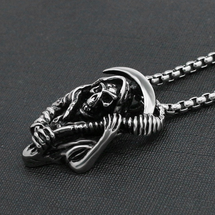 Stainless Steel Skull Necklace Grim Reaper's Scythe