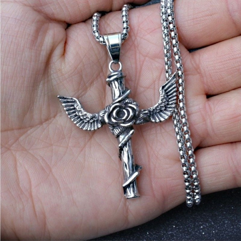 Stainless Steel Vintage Rose Cross Necklace Wings