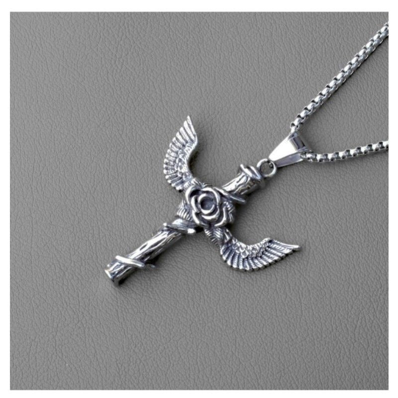 Stainless Steel Vintage Rose Cross Necklace Wings