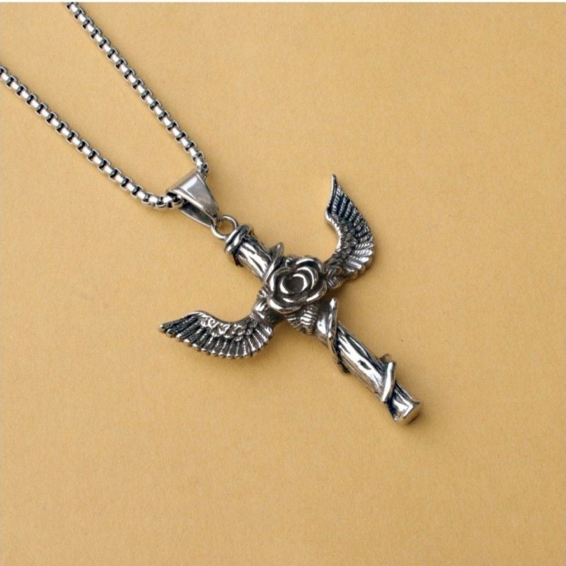 Stainless Steel Vintage Rose Cross Necklace Wings