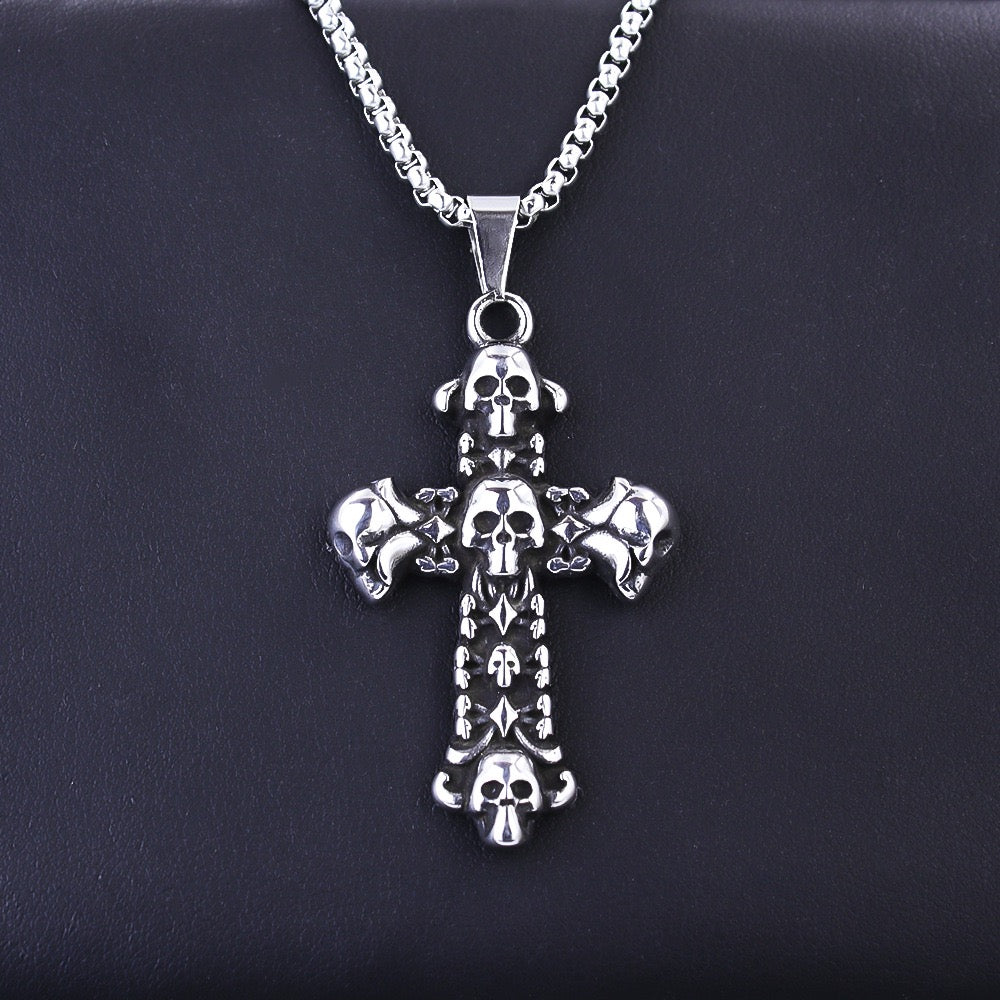 Stainless Steel Skull Collector Cross Necklace Skull Fan