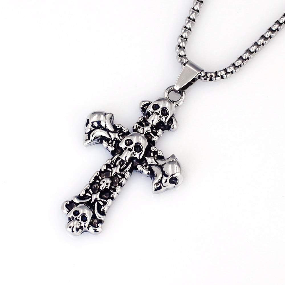 Stainless Steel Skull Collector Cross Necklace Skull Fan