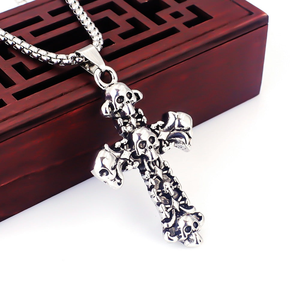 Stainless Steel Skull Collector Cross Necklace Skull Fan
