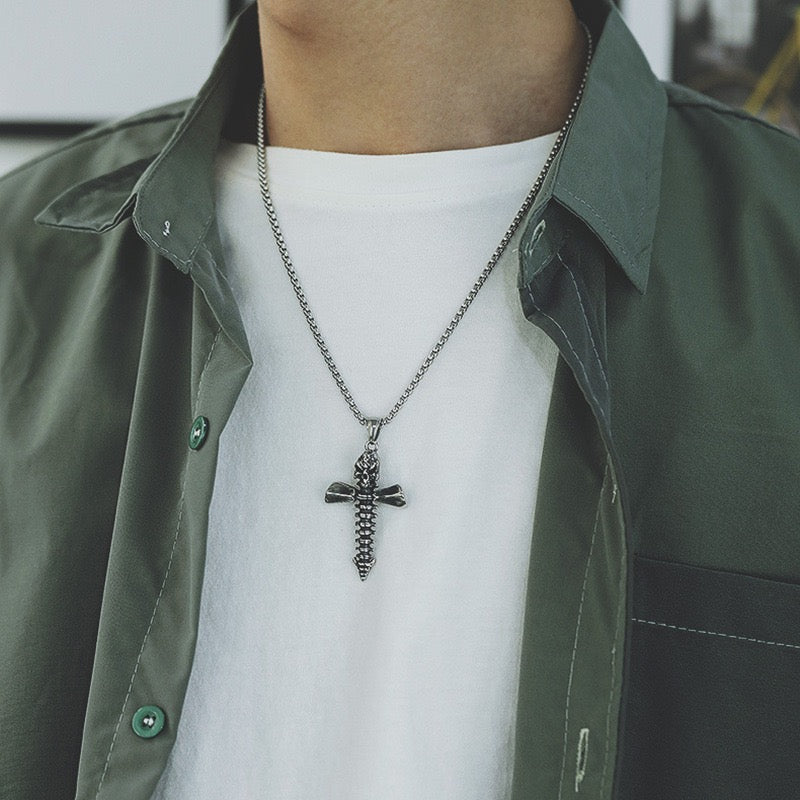 Stainless Steel Screw design Skull Cross Necklace