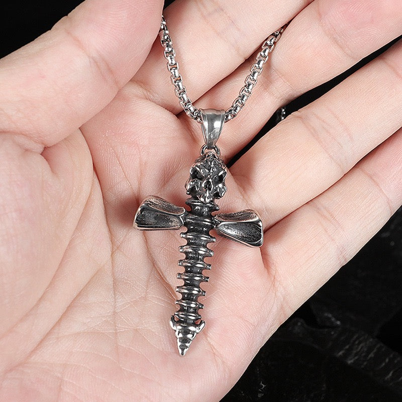 Stainless Steel Screw design Skull Cross Necklace