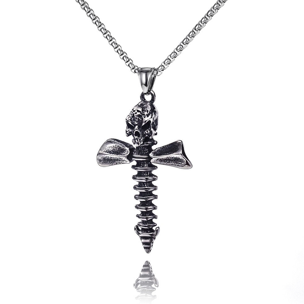 Stainless Steel Screw design Skull Cross Necklace