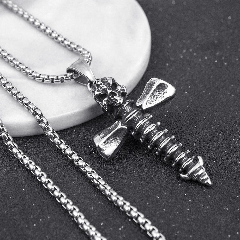 Stainless Steel Screw design Skull Cross Necklace