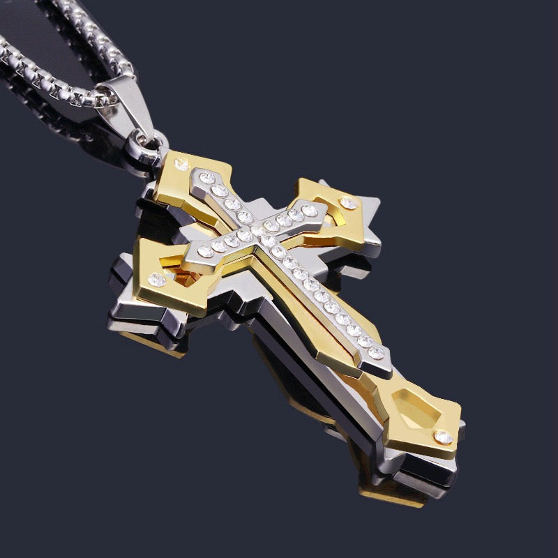 Stainless Steel Diamond-studded multi-layer Cross Necklace