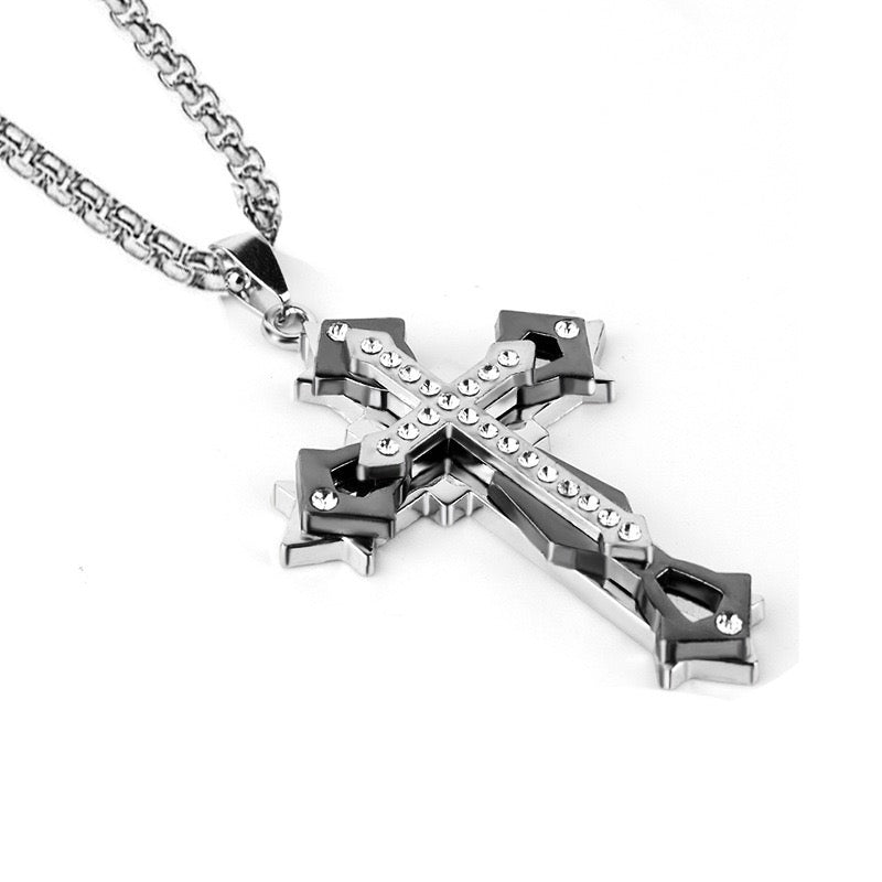 Stainless Steel Diamond-studded multi-layer Cross Necklace