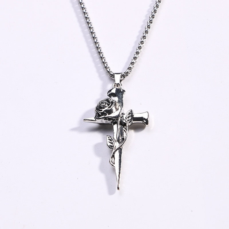 Stainless Steel Vintage Rose Cross Necklace