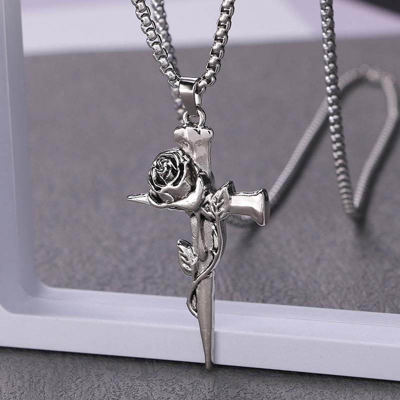 Stainless Steel Vintage Rose Cross Necklace