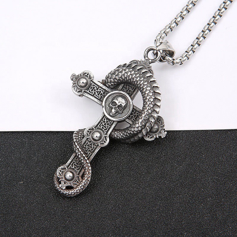 Stainless Steel Crucifix of the Coiled Dragon Necklace