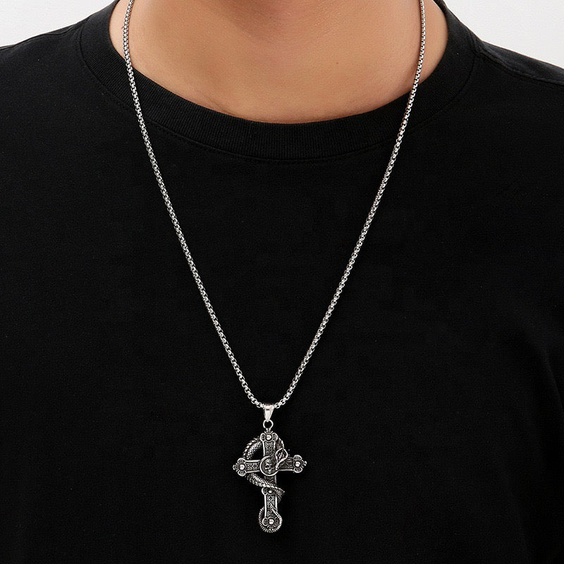 Stainless Steel Crucifix of the Coiled Dragon Necklace