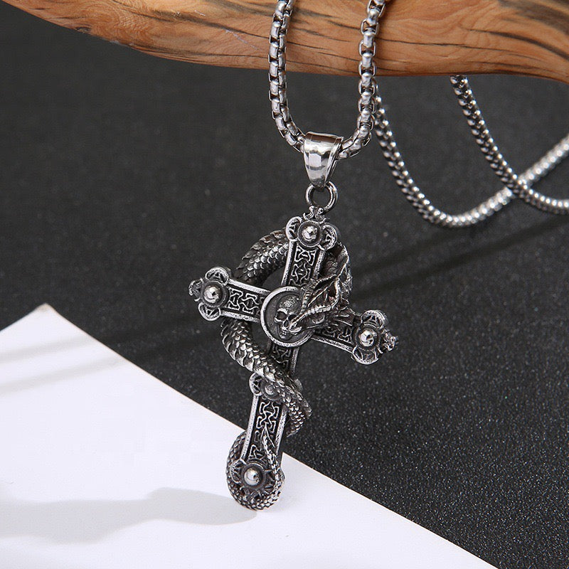 Stainless Steel Crucifix of the Coiled Dragon Necklace