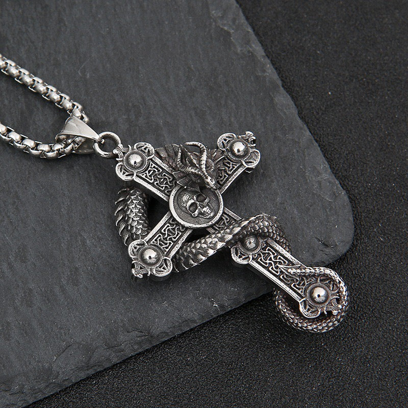 Stainless Steel Crucifix of the Coiled Dragon Necklace