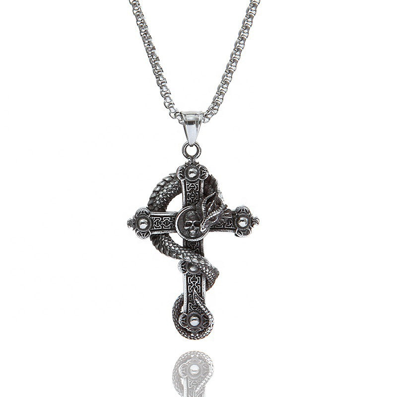 Stainless Steel Crucifix of the Coiled Dragon Necklace