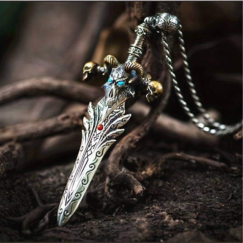 Stainless Steel Ancient Bone Sword of Sheep Skull Necklace