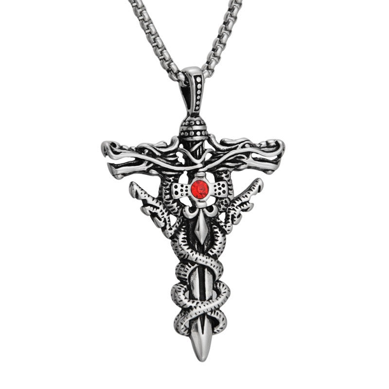 Stainless Steel Double Dragon Sword Necklace