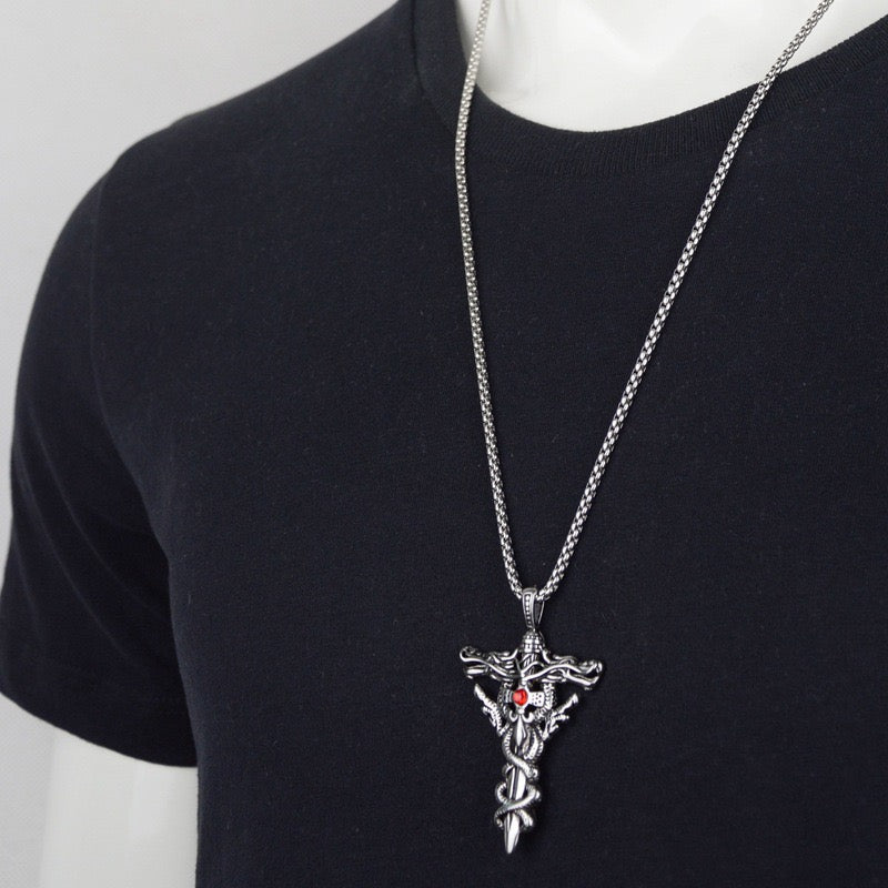 Stainless Steel Double Dragon Sword Necklace
