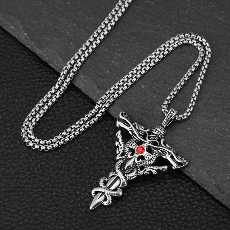Stainless Steel Double Dragon Sword Necklace