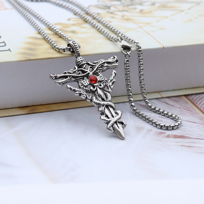 Stainless Steel Double Dragon Sword Necklace
