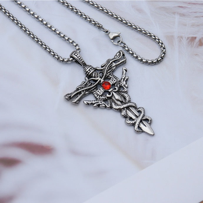 Stainless Steel Double Dragon Sword Necklace