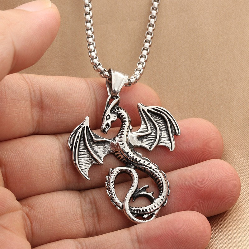 Stainless Steel Winged Dragon Necklace Mythical