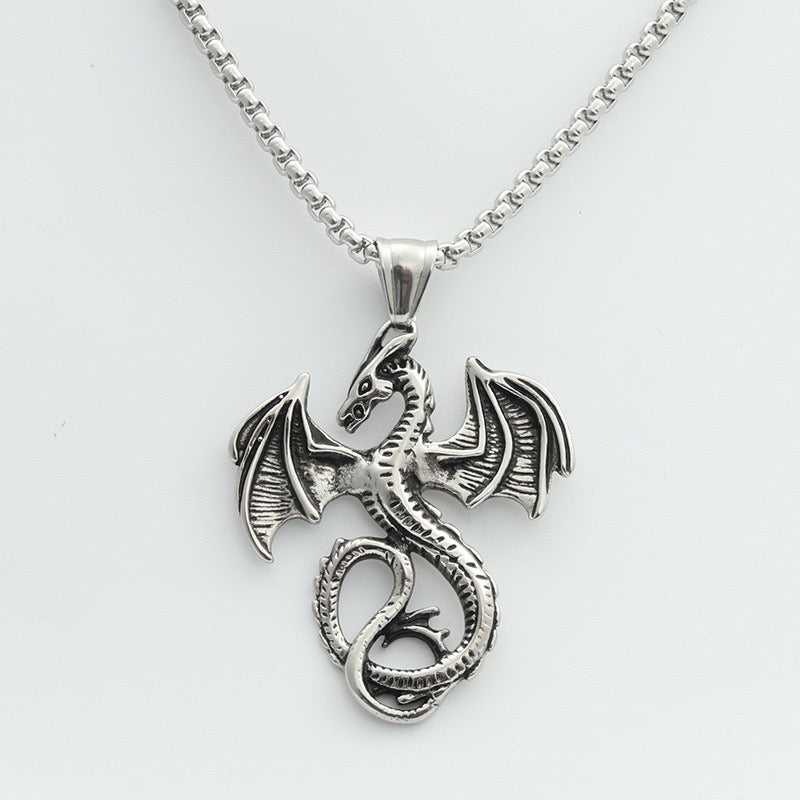Stainless Steel Winged Dragon Necklace Mythical