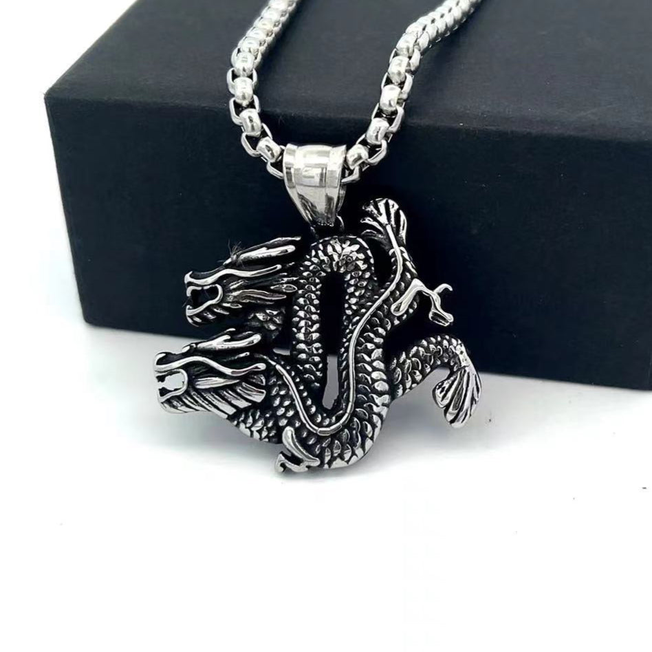 Stainless Steel Vintage Double Dragon Necklace
