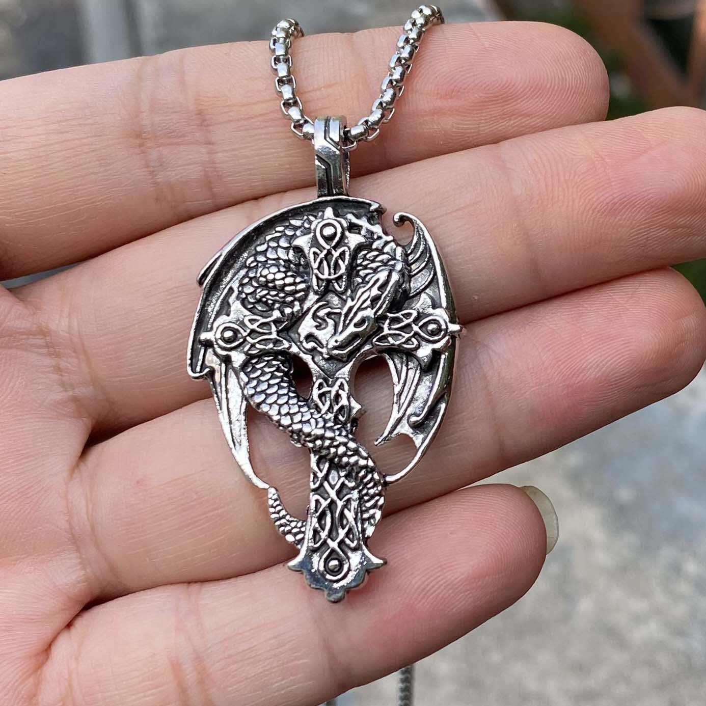 Stainless Steel Coiling Dragon with Cross Necklace