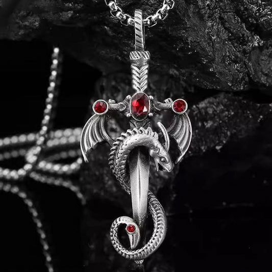Stainless Steel Dragon Sword with Gemstone Necklace